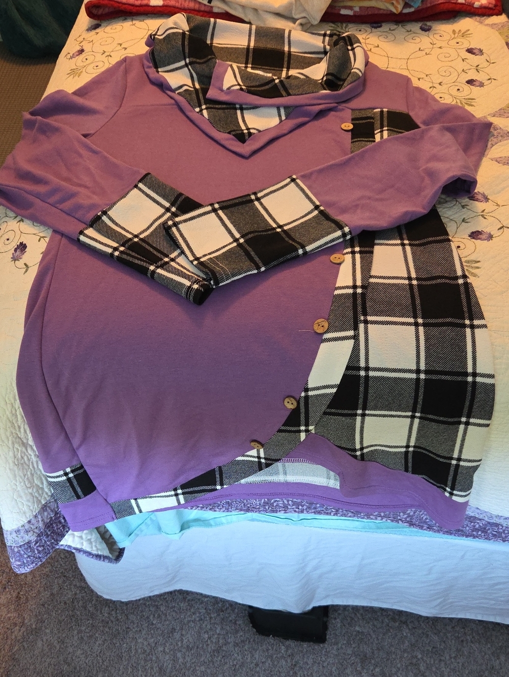 Cozy Purple Plaid-Trim Cowl Neck Sweatshirt